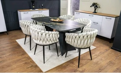 Set Masă Living Extensibilă Blat Ceramic Negru/Auriu DTM0105CS cu 6 Scaune KJC11 Bej