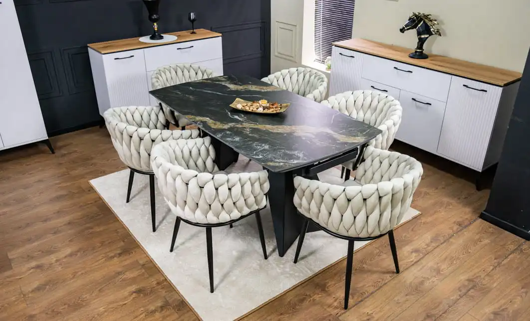 Set Masă Living Extensibilă Blat Ceramic Negru/Auriu DTM0105CS cu 6 Scaune KJC11 Bej 1