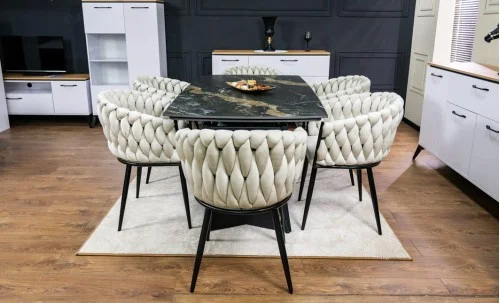 Set Masă Living Extensibilă Blat Ceramic Negru/Auriu DTM0105CS cu 6 Scaune KJC11 Bej