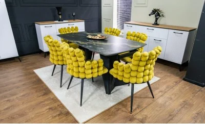 Set Masă Living Extensibilă Blat Ceramic Negru/Auriu DTM0105CS cu 6 Scaune KJC374 Galbene
