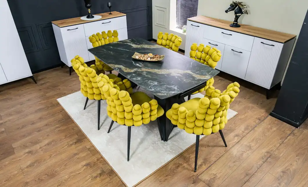 Set Masă Living Extensibilă Blat Ceramic Negru/Auriu DTM0105CS cu 6 Scaune KJC374 Galbene 1