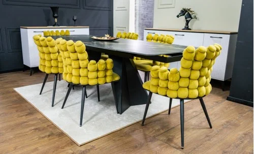 Set Masă Living Extensibilă Blat Ceramic Negru/Auriu DTM0105CS cu 6 Scaune KJC374 Galbene