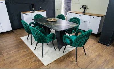 Set Masă Living Extensibilă Blat Ceramic Negru/Auriu DTM0105CS cu 6 Scaune KJC376 Verzi