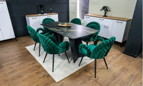 Set Masă Living Extensibilă Blat Ceramic Negru/Auriu DTM0105CS cu 6 Scaune KJC376 Verzi