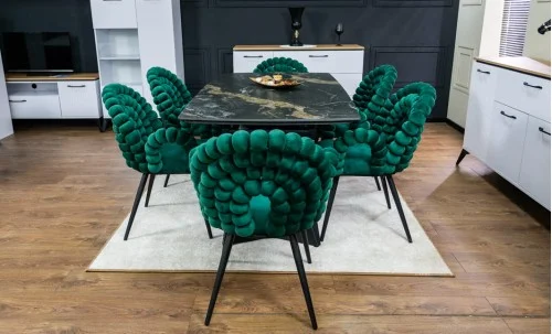 Set Masă Living Extensibilă Blat Ceramic Negru/Auriu DTM0105CS cu 6 Scaune KJC376 Verzi
