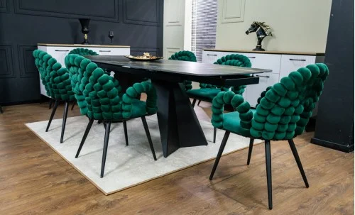 Set Masă Living Extensibilă Blat Ceramic Negru/Auriu DTM0105CS cu 6 Scaune KJC376 Verzi