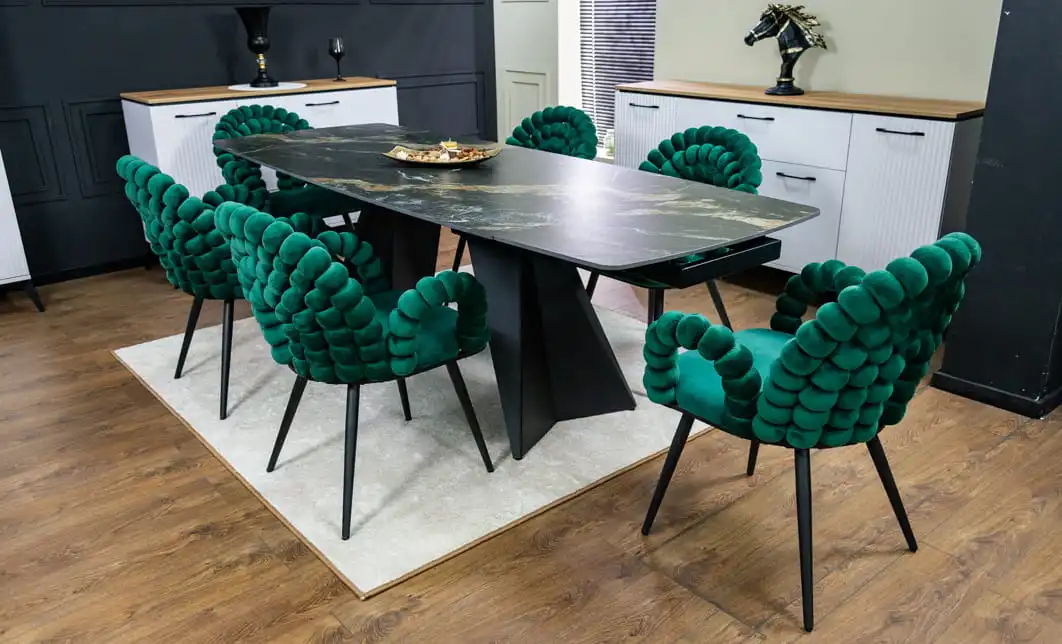 Set Masă Living Extensibilă Blat Ceramic Negru/Auriu DTM0105CS cu 6 Scaune KJC376 Verzi 3