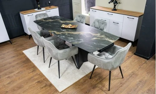 Set Masă Living Extensibilă Blat Ceramic Negru/Auriu DTM0105CS cu 6 Scaune KJC80 Gri