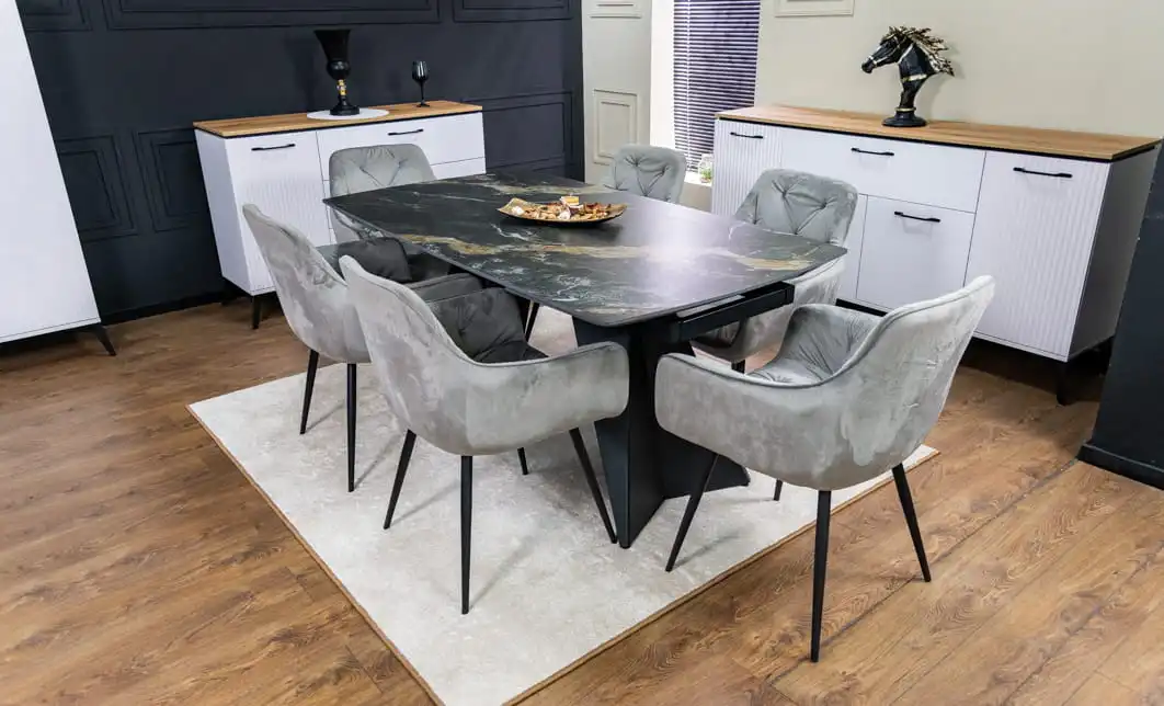 Set Masă Living Extensibilă Blat Ceramic Negru/Auriu DTM0105CS cu 6 Scaune KJC80 Gri