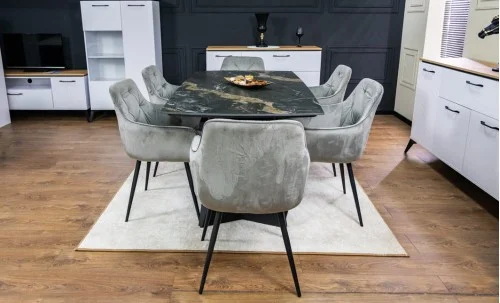Set Masă Living Extensibilă Blat Ceramic Negru/Auriu DTM0105CS cu 6 Scaune KJC80 Gri
