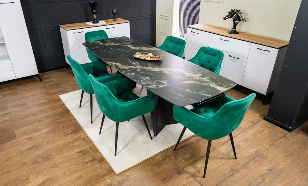 Set Masă Living Extensibilă Blat Ceramic Negru/Auriu DTM0105CS cu 6 Scaune KJC38 Verzi 2