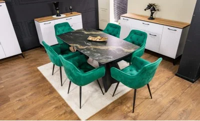 Set Masă Living Extensibilă Blat Ceramic Negru/Auriu DTM0105CS cu 6 Scaune KJC38 Verzi