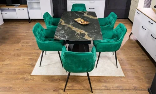 Set Masă Living Extensibilă Blat Ceramic Negru/Auriu DTM0105CS cu 6 Scaune KJC38 Verzi