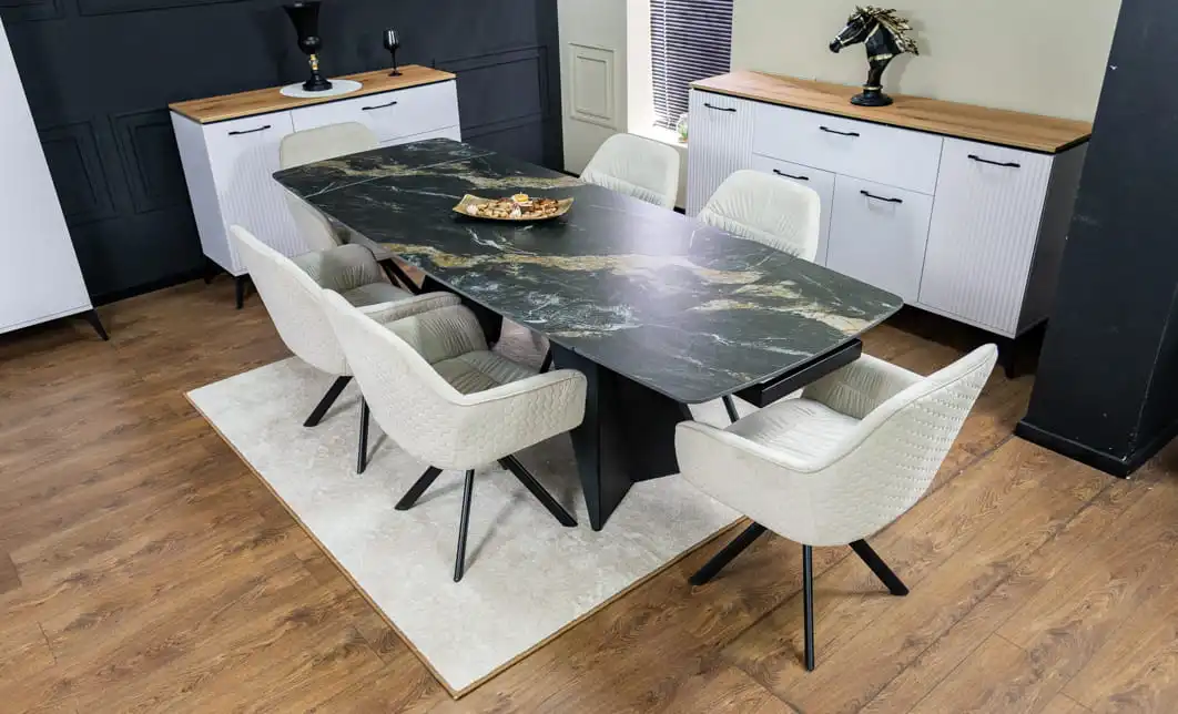 Set Masă Living Extensibilă Blat Ceramic Negru/Auriu DTM0105CS cu 6 Scaune KJC3846 Bej 3