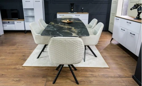 Set Masă Living Extensibilă Blat Ceramic Negru/Auriu DTM0105CS cu 6 Scaune KJC3846 Bej