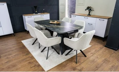 Set Masă Living Extensibilă Blat Ceramic Negru/Auriu DTM0105CS cu 6 Scaune KJC3846 Bej