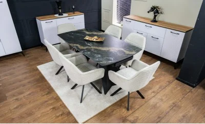 Set Masă Living Extensibilă Blat Ceramic Negru/Auriu DTM0105CS cu 6 Scaune KJC3846 Bej