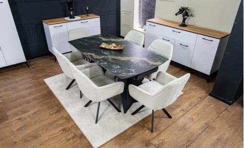 Set Masă Living Extensibilă Blat Ceramic Negru/Auriu DTM0105CS cu 6 Scaune KJC3846 Bej