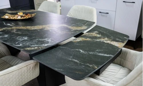 Set Masă Living Extensibilă Blat Ceramic Negru/Auriu DTM0105CS cu 6 Scaune KJC3846 Bej