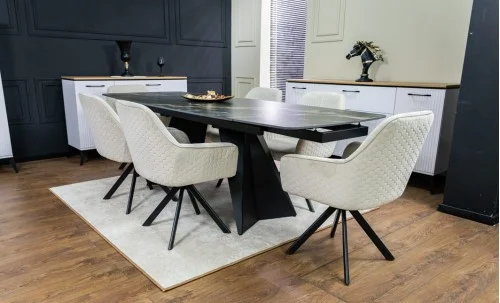 Set Masă Living Extensibilă Blat Ceramic Negru/Auriu DTM0105CS cu 6 Scaune KJC3846 Bej