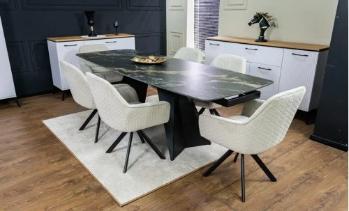 Set Masă Living Extensibilă Blat Ceramic Negru/Auriu DTM0105CS cu 6 Scaune KJC3846 Bej