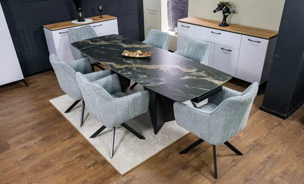 Set Masă Living Extensibilă Blat Ceramic Negru/Auriu DTM0105CS cu 6 Scaune KJC385 Gri 2