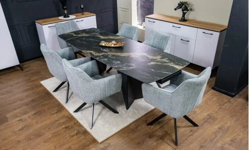 Set Masă Living Extensibilă Blat Ceramic Negru/Auriu DTM0105CS cu 6 Scaune KJC385 Gri