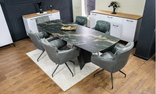 Set Masă Living Extensibilă Blat Ceramic Negru/Auriu DTM0105CS cu 6 Scaune KJC389 Gri