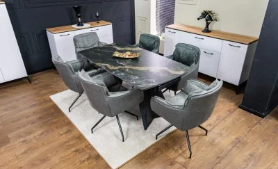 Set Masă Living Extensibilă Blat Ceramic Negru/Auriu DTM0105CS cu 6 Scaune KJC389 Gri