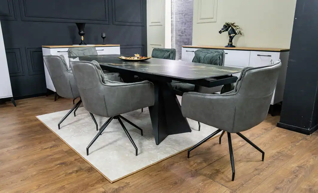 Set Masă Living Extensibilă Blat Ceramic Negru/Auriu DTM0105CS cu 6 Scaune KJC389 Gri 4