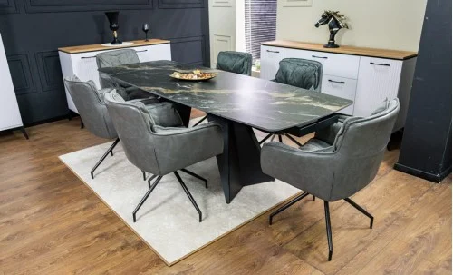 Set Masă Living Extensibilă Blat Ceramic Negru/Auriu DTM0105CS cu 6 Scaune KJC389 Gri