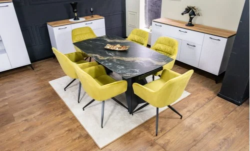 Set Masă Living Extensibilă Blat Ceramic Negru/Auriu DTM0105CS cu 6 Scaune KJC4345 Muștar
