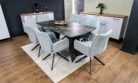 Set Masă Living Extensibilă Blat Ceramic Negru/Auriu DTM0105CS cu 6 Scaune KJC77 Gri Deschis