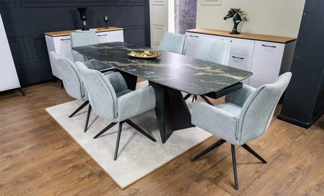 Set Masă Living Extensibilă Blat Ceramic Negru/Auriu DTM0105CS cu 6 Scaune KJC77 Gri Deschis 2