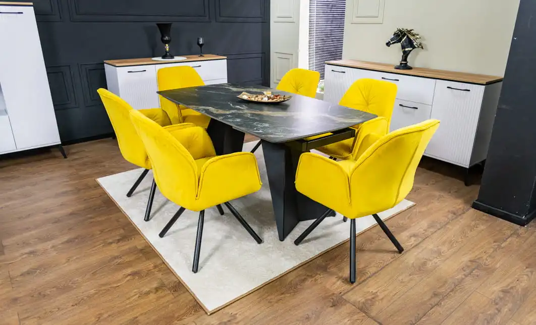 Set Masă Living Extensibilă Blat Ceramic Negru/Auriu DTM0105CS cu 6 Scaune KJC80 Galbene