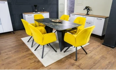 Set Masă Living Extensibilă Blat Ceramic Negru/Auriu DTM0105CS cu 6 Scaune KJC80 Galbene