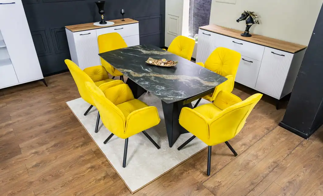 Set Masă Living Extensibilă Blat Ceramic Negru/Auriu DTM0105CS cu 6 Scaune KJC80 Galbene 1