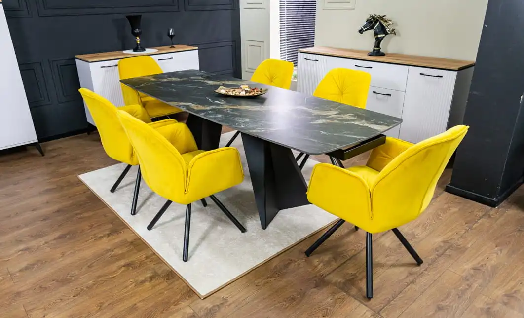 Set Masă Living Extensibilă Blat Ceramic Negru/Auriu DTM0105CS cu 6 Scaune KJC80 Galbene 3