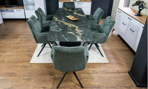 Set Masă Living Extensibilă Blat Ceramic Negru/Auriu DTM0105CS cu 6 Scaune DCM0601AS Gri Închis