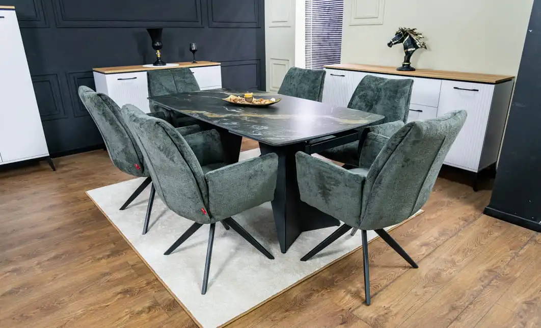 Set Masă Living Extensibilă Blat Ceramic Negru/Auriu DTM0105CS cu 6 Scaune DCM0601AS Gri Închis