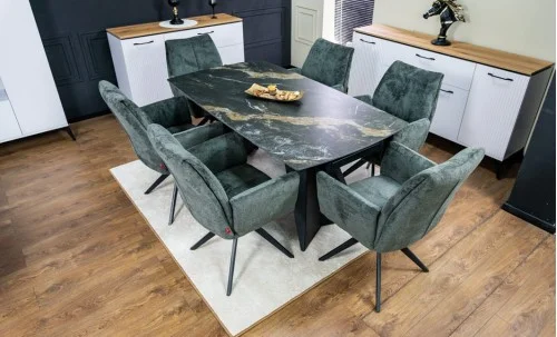 Set Masă Living Extensibilă Blat Ceramic Negru/Auriu DTM0105CS cu 6 Scaune DCM0601AS Gri Închis