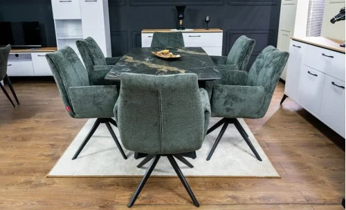 Set Masă Living Extensibilă Blat Ceramic Negru/Auriu DTM0105CS cu 6 Scaune DCM0601AS Gri Închis