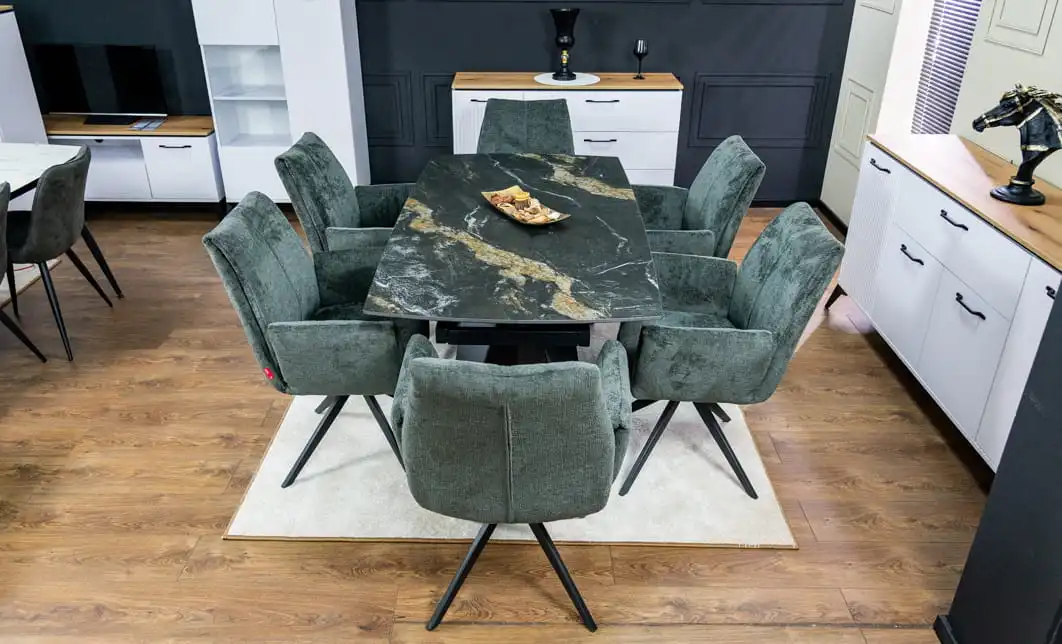 Set Masă Living Extensibilă Blat Ceramic Negru/Auriu DTM0105CS cu 6 Scaune DCM0601AS Gri Închis 6