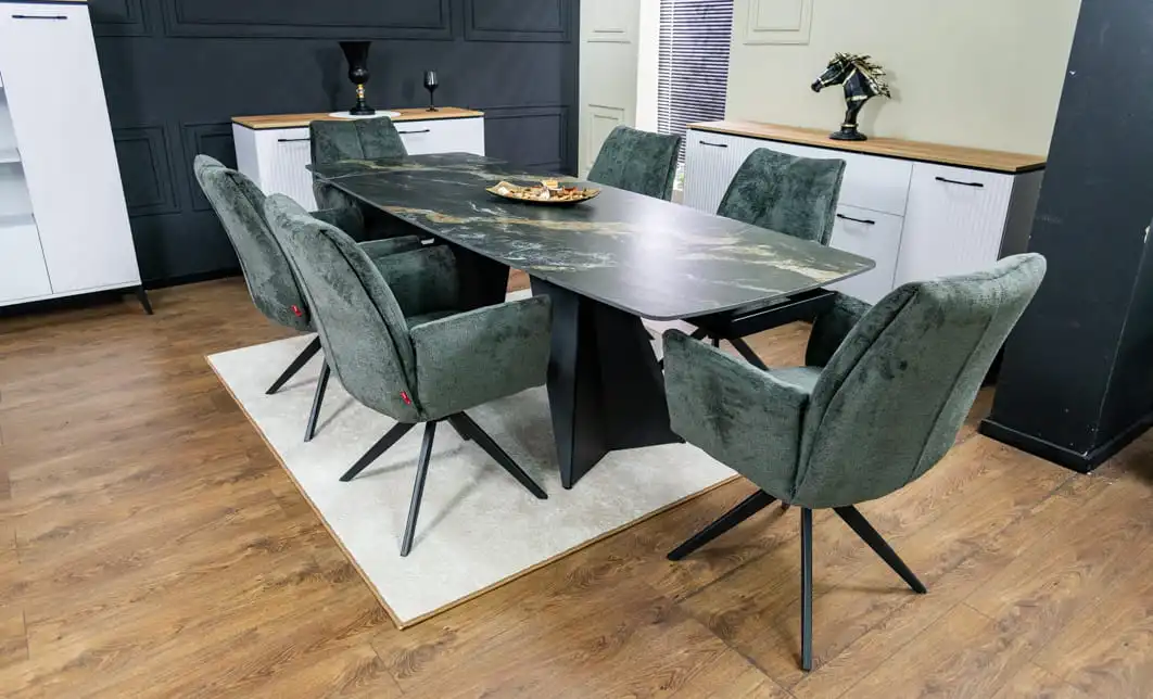 Set Masă Living Extensibilă Blat Ceramic Negru/Auriu DTM0105CS cu 6 Scaune DCM0601AS Gri Închis 3