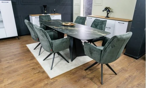 Set Masă Living Extensibilă Blat Ceramic Negru/Auriu DTM0105CS cu 6 Scaune DCM0601AS Gri Închis