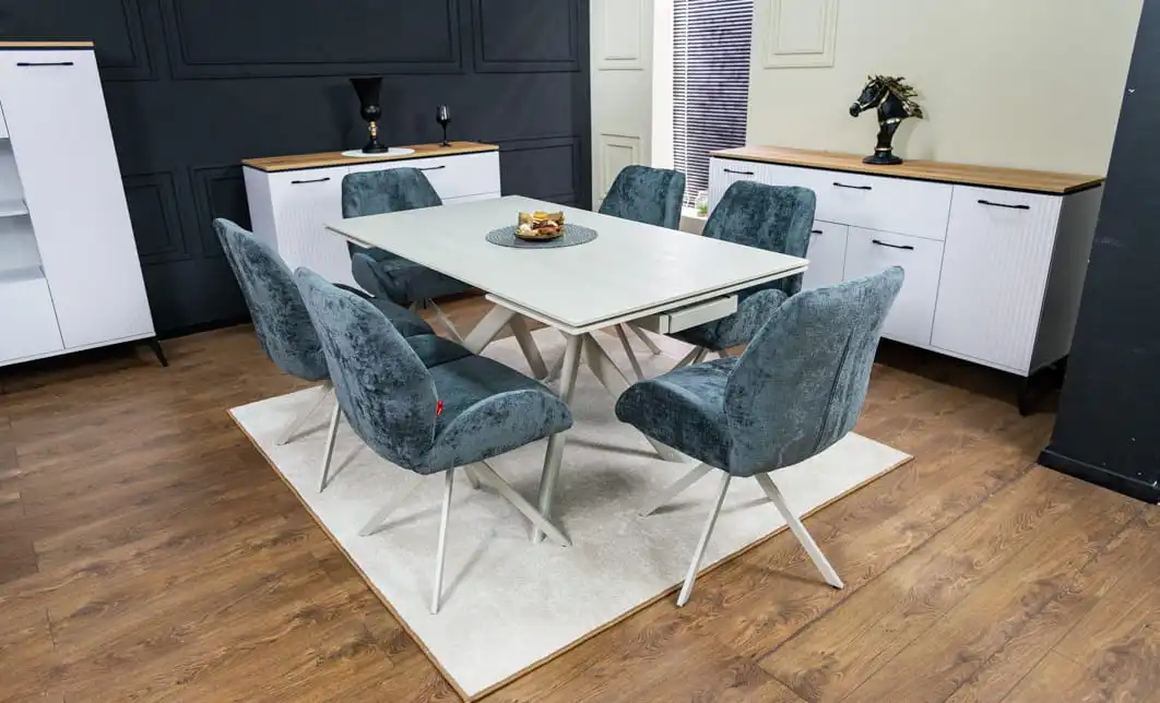 Set Masă Living Extensibilă DTM0107 Bej cu 6 Scaune DCM0104CS Gri