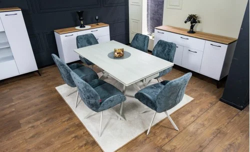 Set Masă Living Extensibilă DTM0107 Bej cu 6 Scaune DCM0104CS Gri
