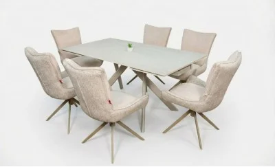 Set Masă Living Extensibilă Bej DTM0107 cu 6 Scaune DCM0607CS Bej