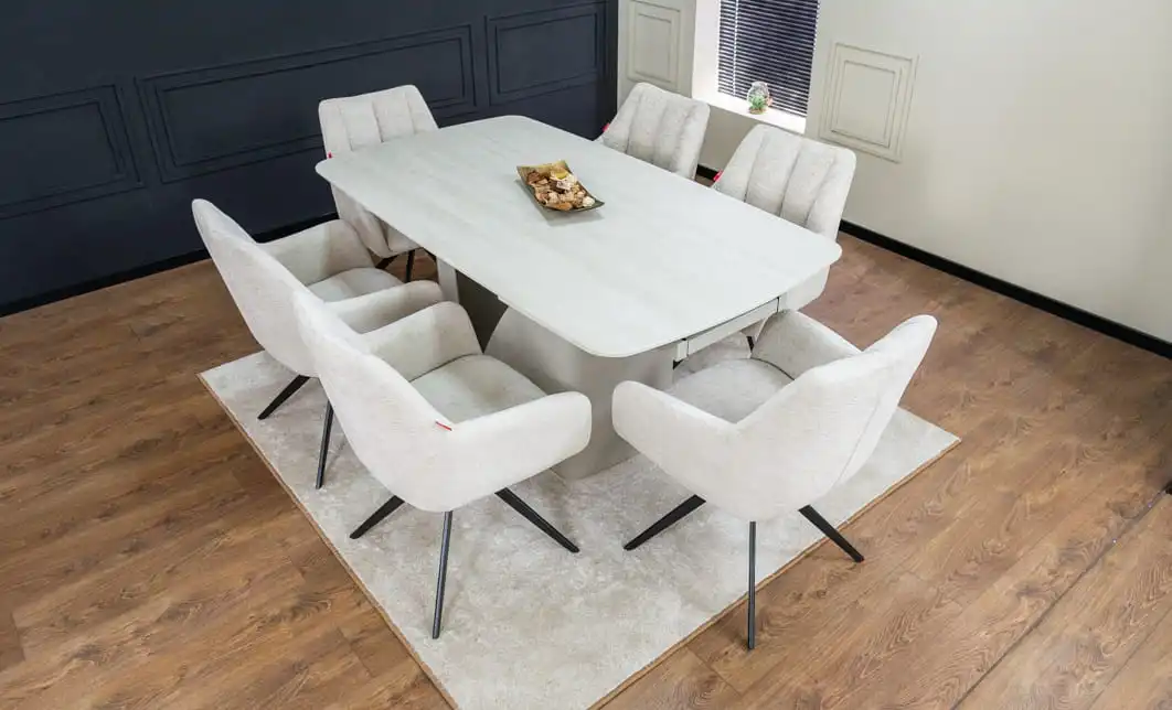 Set Masă Living Extensibilă DTM0405CS Blat Ceramic Bej cu 6 Scaune Rotative DCM0112 Bej 1
