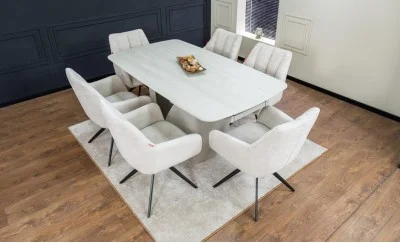 Set Masă Living Extensibilă DTM0405CS Blat Ceramic Bej cu 6 Scaune Rotative DCM0112 Bej